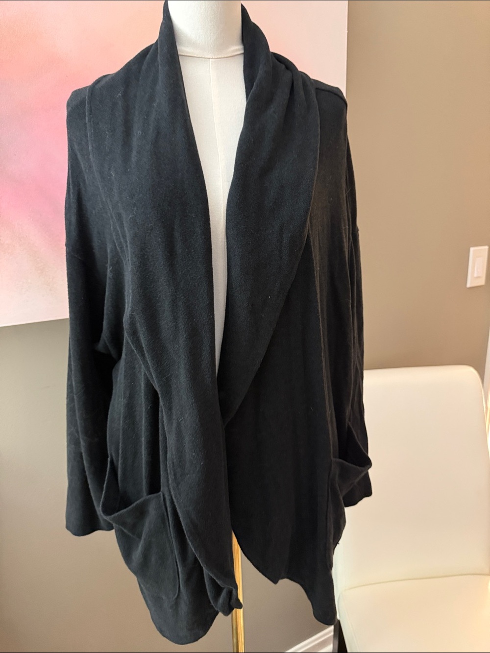 Black Open-Front Draped Women’s Sweater Cardigan With Pockets